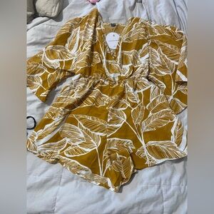 Fashion Nova Mustard Leaf Print Romper